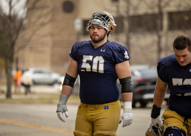 Can Rocco Spindler (50) regain his starting status at offensive guard during Notre Dame football training camp next month?