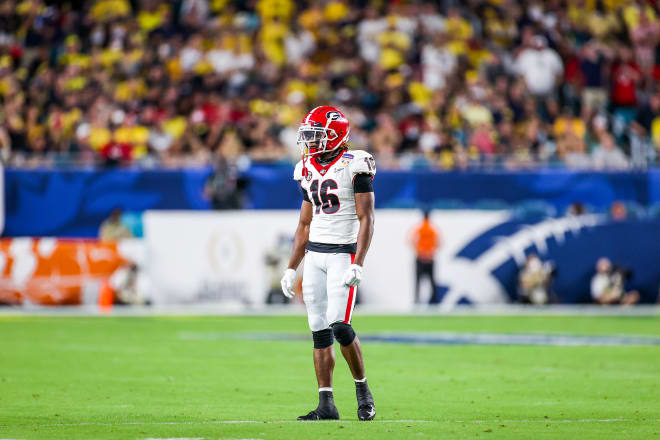 Georgia defensive back Lewis Cine (16) during the College Football Playoff semifinal game at the Capital Orange Bowl against Michigan at Hard Rock Stadium in Miami Gardens, Fla., on Friday, Dec. 31, 2021. (Photo by Tony Walsh/UGA Sports Communications)
