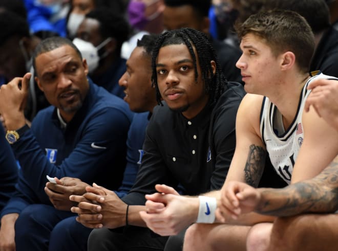 Duke freshman guard Trevor Keels, second from right, missed Saturday's game against Syracuse. 