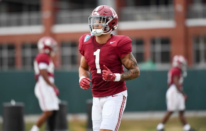 Defensive back Domani Jackson jogs to a drill during practice at the University Alabama. Photo | Gary Cosby Jr.-Tuscaloosa News / USA TODAY NETWORK