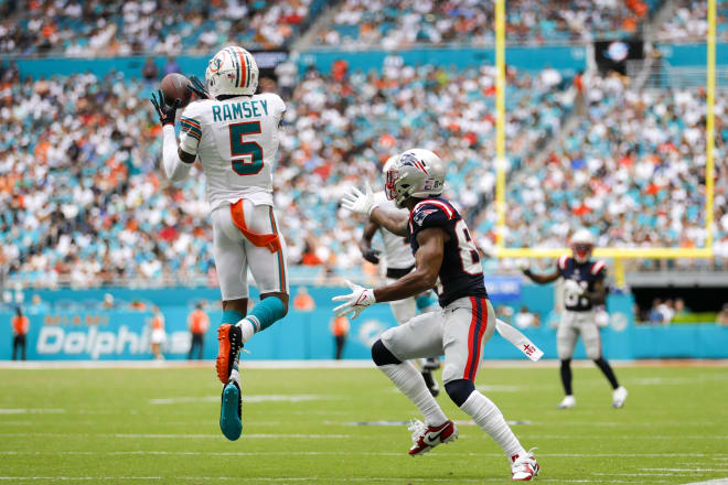 Jalen Ramsey had an interception in his Dolphins debut on Sunday.