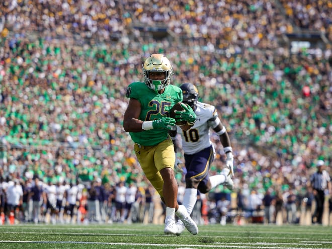 Running back Chris Tyree scored Notre Dame's first points in the second quarter on a touchdown reception.