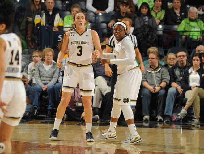 Guards Marina Mabrey (3) and Arike Ogunbowale averaged 30.5 points between them last year and converted 139 three-pointers.