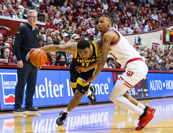 Tony Perkins attacks the rim in Iowa's 90-68 win over Indiana.