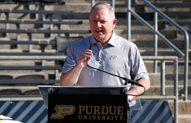 Purdue Director of Athletics Mike Bobinski speaks during the dedication of the Tiller Tunnel in honor of Joe Tiller, Saturday, Sept. 30, 2023, at Ross-Ade Stadium in West Lafayette, Ind.