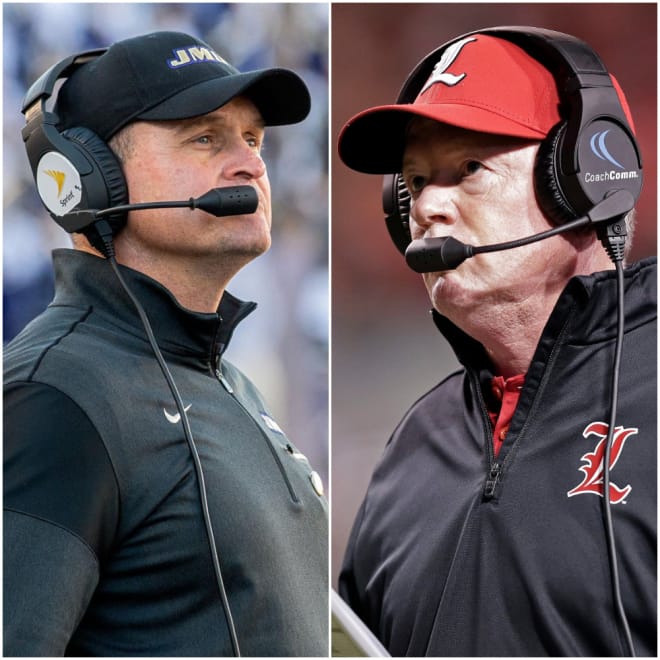 James Madison and coach Mike Houston (left) will visit Louisville and coach Bobby Petrino (right) in 2022.