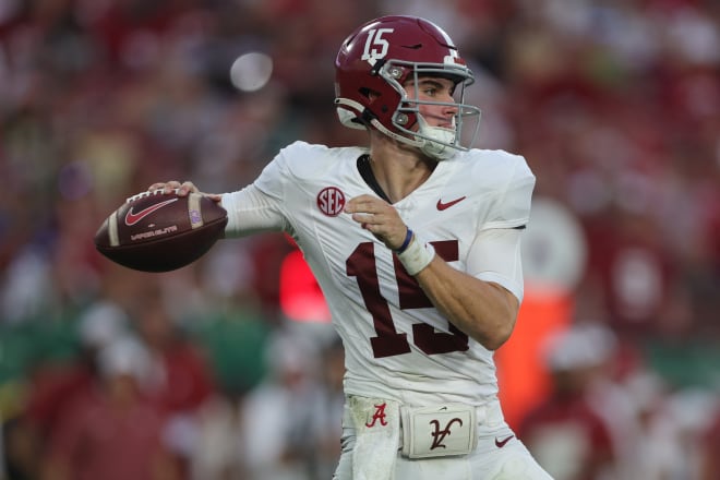 Alabama Crimson Tide quarterback Ty Simpson (15) drops back to pass against the South Florida Bulls in the fourth quarter at Raymond James Stadium. Photo | Nathan Ray Seebeck-USA TODAY Sports