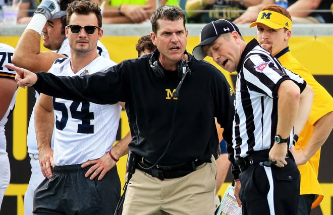 Jim Harbaugh will be fired up for the opener against Florida in Texas.