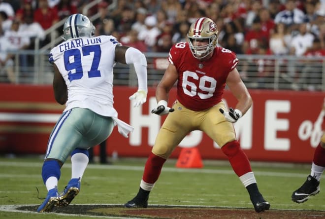 Former Notre Dame offensive tackle Mike McGlinchey has struggled in pass protection for the San Francisco 49ers in recent weeks