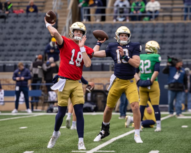 Steve Angeli (l18) and Riley Leonard (13) will continue their jostling for Notre Dame's No. 1 QB spot this summer.