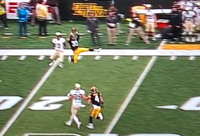 This offering to David Bell early in the third quarter was under thrown and picked off in Iowa territory with Purdue trailing, 9-7.