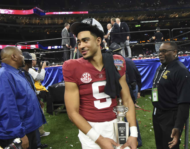 Alabama quarterback Bryce Young (9) carries away the MVP trophy after throwing five touchdown passes during the 2022 Sugar Bowl at Caesars Superdome. Alabama defeated Kansas State 45-20. Photo | Gary Cosby Jr.-USA TODAY Sports