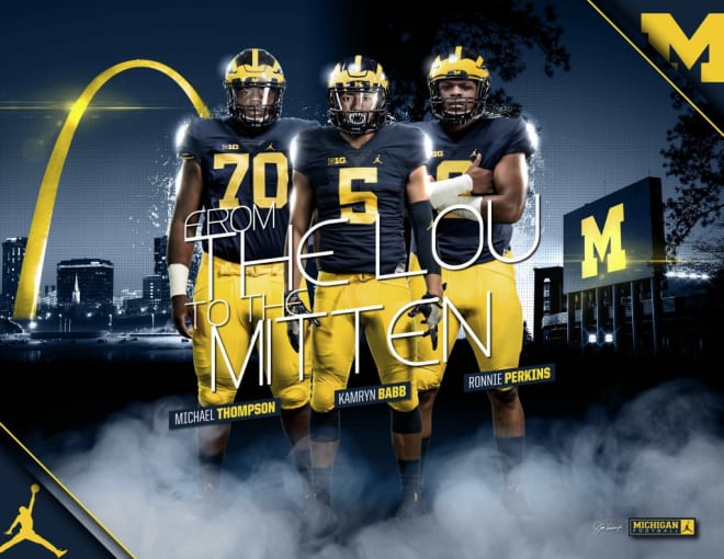 A Michigan graphic tweeted out by Michael Thompson depicting him, Ronnie Perkins and Kamryn Babb in maize and blue.