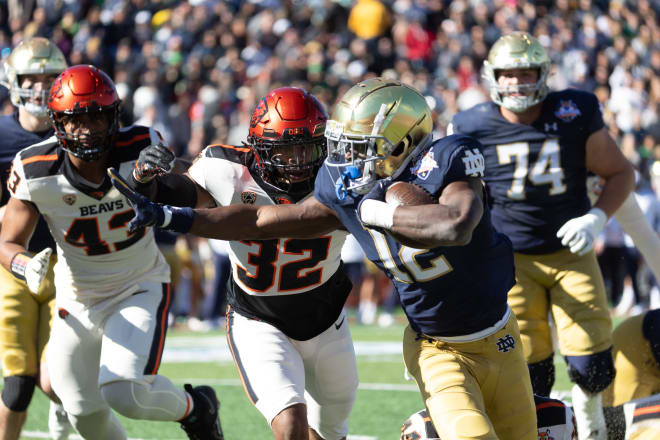 Notre Dame running back Jeremiyah Love makes his move during Notre Dame's Sun Bowl win Friday over Oregon State.