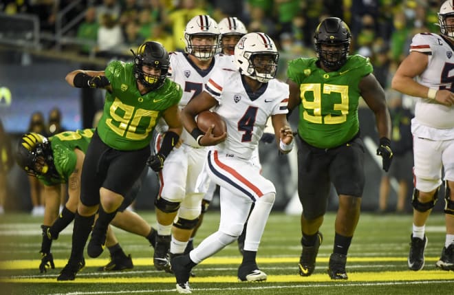Jordan McCloud threw five interceptions but moved the offense and ran for 64 yards in Arizona's loss to Oregon.