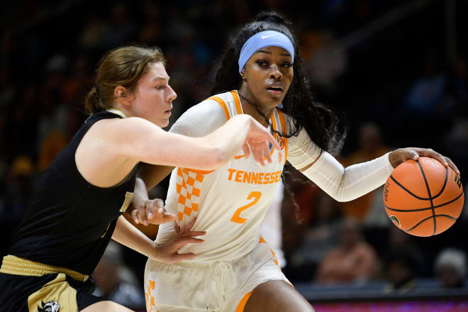 Tennessee forward Rickea Jackson drives on Wofford's Annabelle Shultz in a game earlier this season.