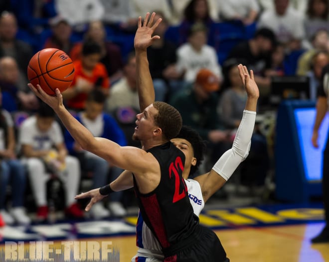 MWC player of the Year, Malachi Flynn (22) goes up for a basket during the Aztecs 72-55 win over Boise State earlier this season in Boise Idaho. 