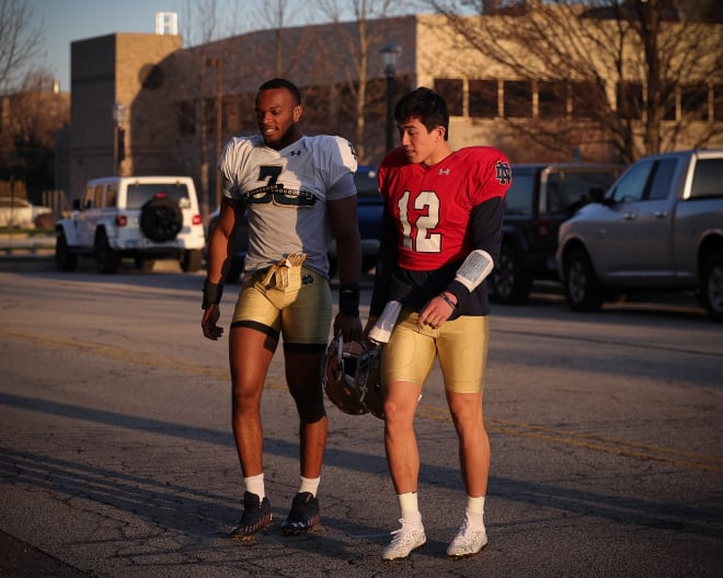 Isaiah Foskey (7) and Tyler Buchner (12) are two critical pieces in Notre Dame's 2022 playoff aspirations.