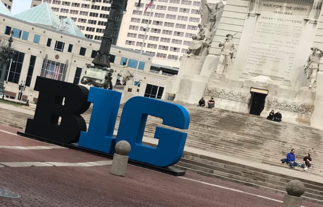 The Big Ten logo dominates a lightly trafficked Monument Square in downtown Indianapolis on Thursday after the conference announced it was pulling the plug on the men's basketball tournament over coronavirus concerns.