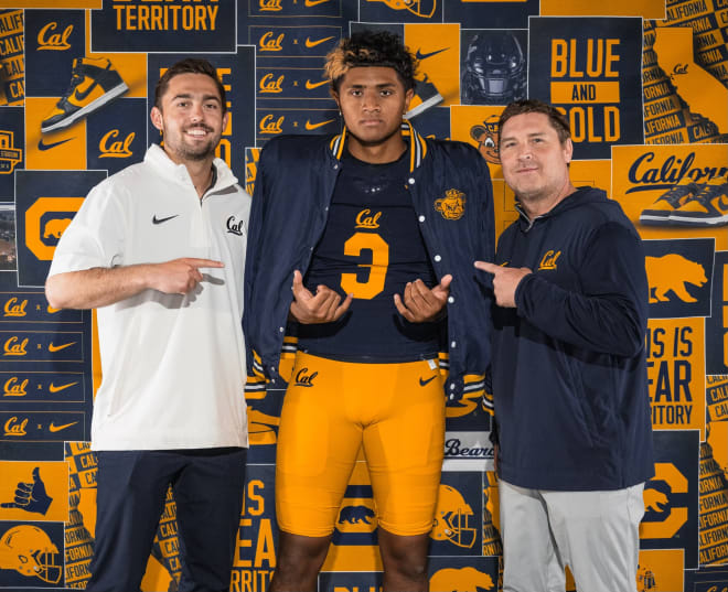 High three-star quarterback Jaron Sagapolutele poses with Cal QB coach Sterlin Gilbert (right) and graduate assistant Cole Johnson on his official visit with the Bears over the weekend.