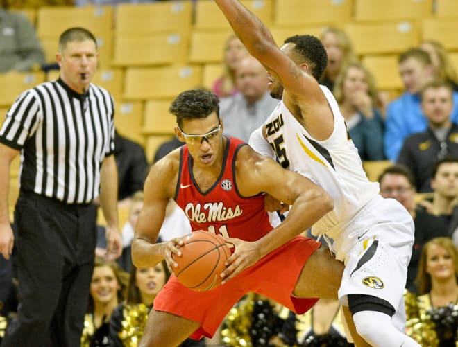 Ole Miss' Sebastian Saiz works in the paint during the Rebels' 75-71 win over Missouri Saturday in Columbia.