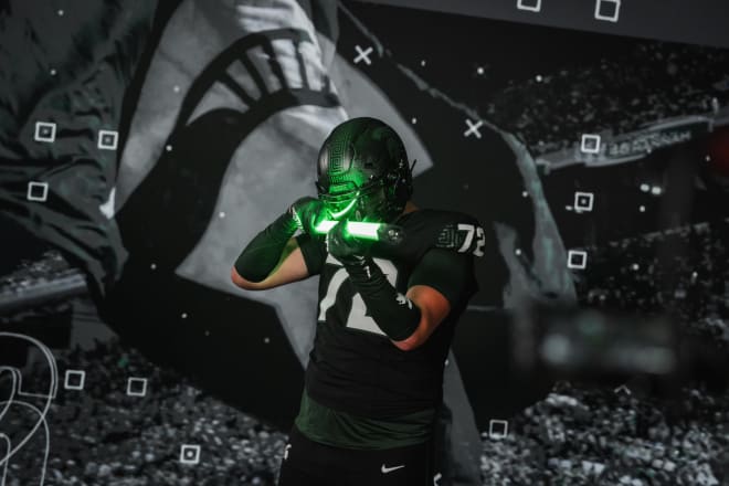 Class of 2025 three-star offensive tackle Justin Bell during Michigan State official visit. (Photo courtesy of Justin Bell/MSU Football)