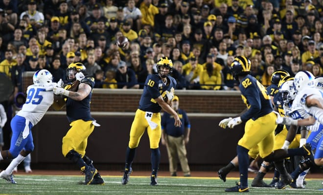 Michigan Wolverines football redshirt sophomore quarterback Dylan McCaffrey broke his collarbone on Nov. 3 last year against Penn State and missed the remainder of the season, but was back in action Saturday. 
