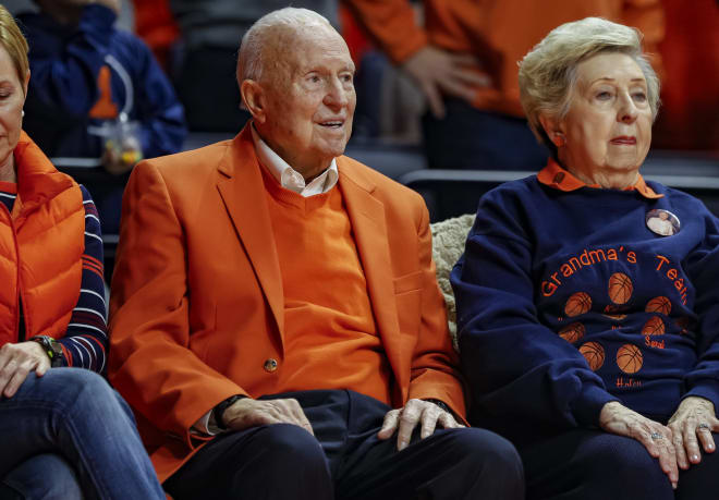 Former head coach of the Illinois Fighting Illini Lou Henson is seen during the game against the UNLV Rebels at State Farm Center on December 8, 2018 in Champaign, Illinois.