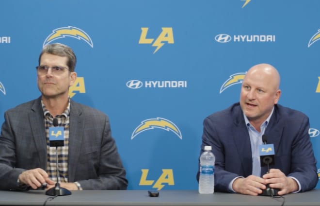 Chargers coach Jim Harbaugh (left) and general manager Joe Hortiz meet with the media to discuss the team's drafting of Notre Dame offensive tackle Joe Alt.