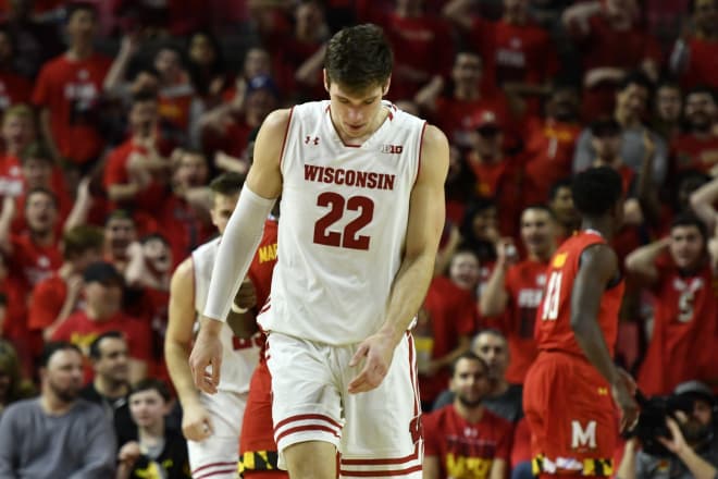 Ethan Happ (No. 22) scored 18 points in the Badgers' 68-63 loss at Maryland on Feb. 4. 