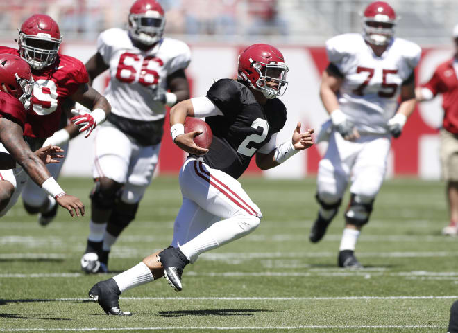 Alabama quarterback Jalen Hurts completed more than 50 percent of his passes while throwing four touchdowns and no interceptions in the Crimson Tide's first scrimmage this spring. Photo | Alabama Athletics 