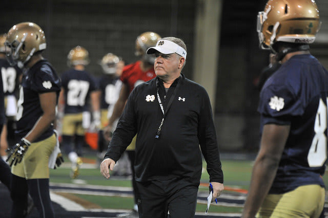 Notre Dame football head coach Brian Kelly at practice