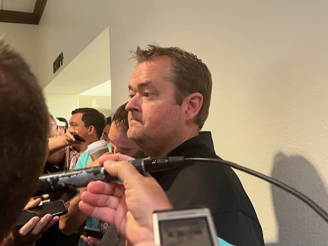 Josh Heupel answers questions during a media scrum Wednesday at the SEC Spring Meetings.