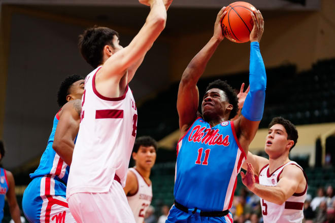 Ole Miss Rebels guard Matthew Murrell (11) shoots against the Stanford Cardinal during the first half at State Farm Field House. Mandatory Credit: Rich Storry-USA TODAY Sports