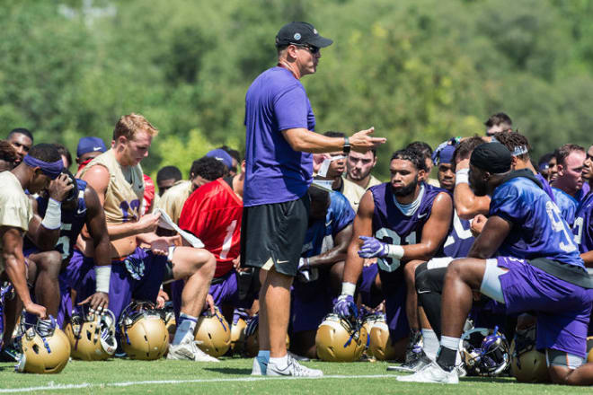 James Madison coach Mike Houston address his team following a practice this month in Harrisonburg. JMU will be featured just once on CBS Sports Digital's CAA Game of the Week this season.