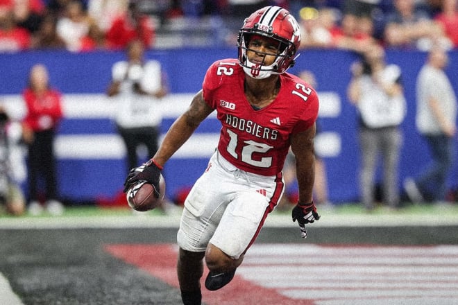 Indiana's Jaylin Lucas celebrates after catching a touchdown pass in the third quarter against Louisville. (The Daily Hoosier)