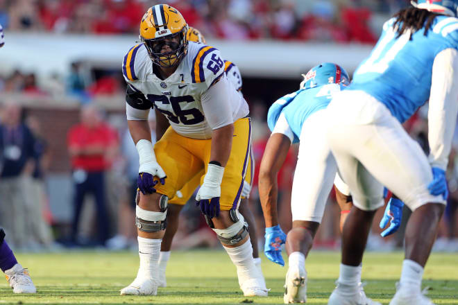 LSU Tigers offensive linemen Will Campbell (66) waits for the snap during the first half against the Ole Miss Rebels at Vaught-Hemingway Stadium. Mandatory Credit: Petre Thomas-USA TODAY Sports