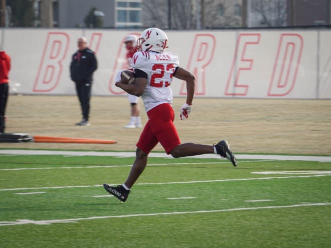 Ajay Allen going through drills at Nebraska's spring football practice.