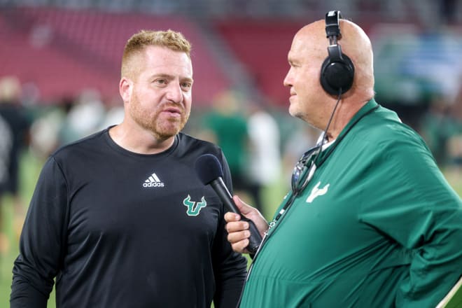 South Florida Bulls head coach Alex Golesh gives an interview after losing to the Alabama Crimson Tide at Raymond James Stadium. Photo | Nathan Ray Seebeck-USA TODAY Sports