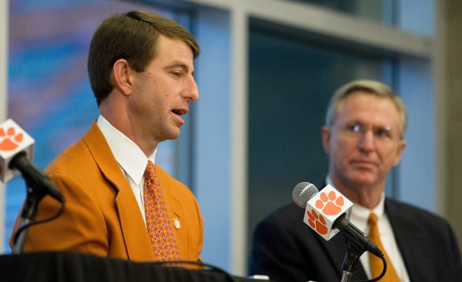 Swinney is shown here at his 2008 news conference with then athletics director Terry Don Phillips.