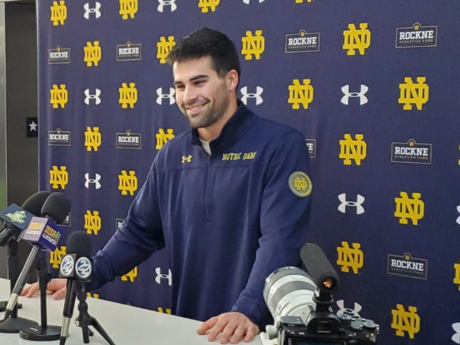 Quarterback Sam Hartman spoke with reporters Wednesday for the first time since enrolling at Notre Dame.