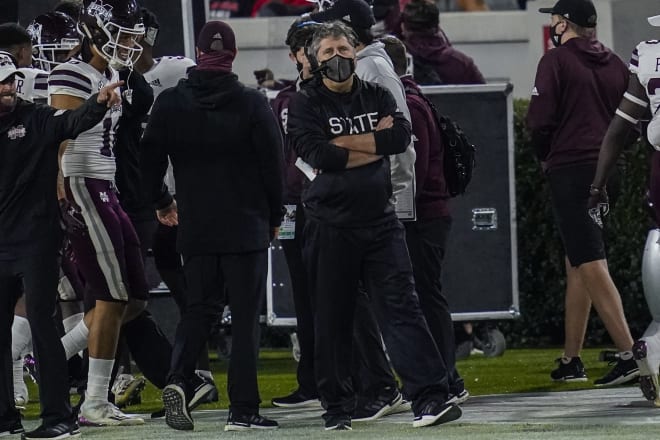 Mississippi State Bulldogs head coach Mike Leach shown on the sideline during the game against the Georgia Bulldogs during the first half at Sanford Stadium. Mandatory Credit: Dale Zanine-USA TODAY 