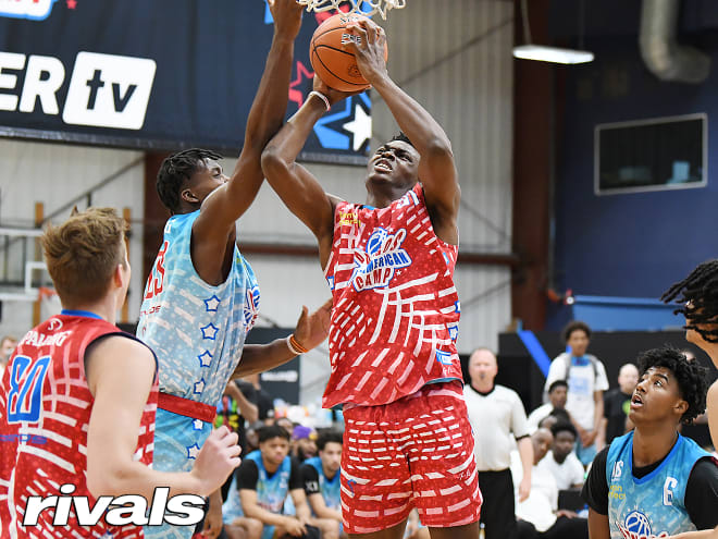 2022 center Ernest Udeh Jr. goes up for a shot during a game at the Pangos All-American Camp in June 2021.