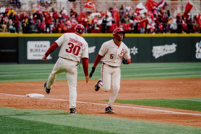 Arkansas designated hitter Kendall Diggs rounds third base after hitting his sixth homer of the season. The Razorbacks defeated Louisiana Tech 15-6 Sunday to sweep the Bulldogs.