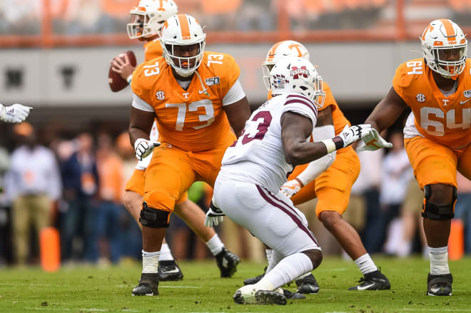 Tennessee offensive lineman Trey Smith prepares to block in the Vols' game against Mississippi State in 2019.