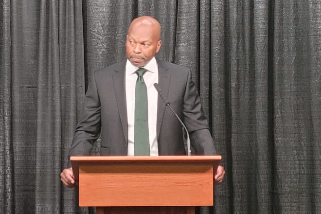Michigan State vice president and athletic director Alan Haller announces Mel Tucker is suspended during a press conference on Sunday, Sept. 10, 2023 at Spartan Stadium