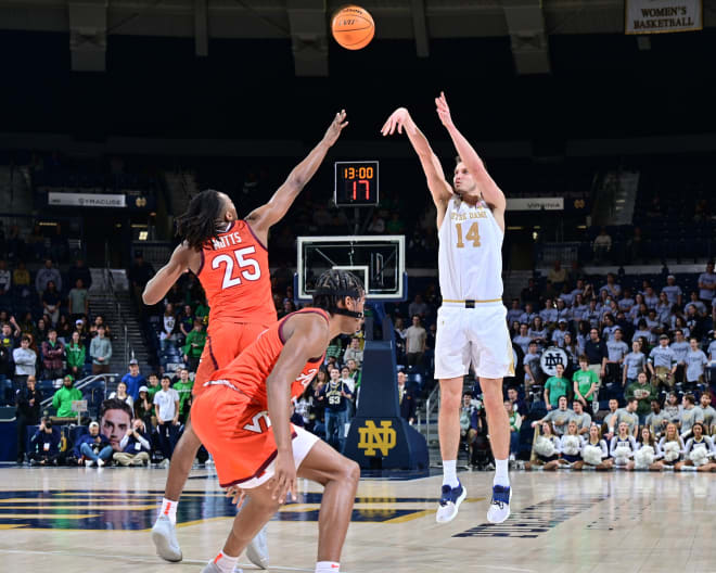 Notre Dame's Nate Laszewski shoots over Virginia Tech's Justyn Mutts during this past weekend's game. 
