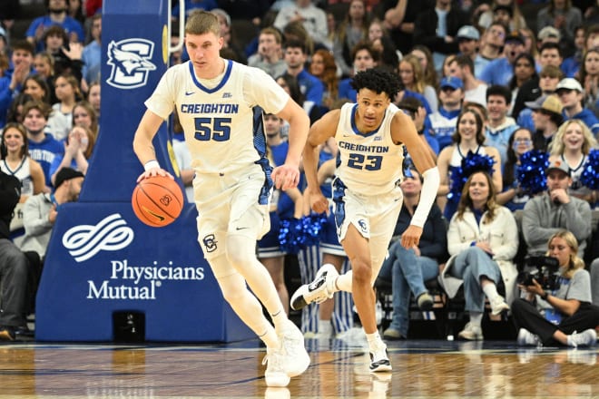 Creighton Bluejays guard Baylor Scheierman (55) dribbles up the court with guard Trey Alexander (23) in the second half against the Central Michigan Chippewas at CHI Health Center Omaha. | Photo: Steven Branscombe-USA TODAY Sports