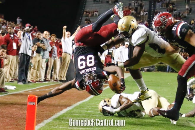 Bryan Edwards goes airborne in the fourth quarter.  South Carolina defeated Wofford 31-10 to move to 8-3 on the season.