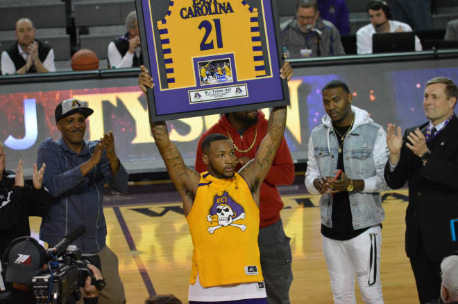 ECU senior guard B.J. Tyson was honored on senior night in Minges Coliseum before Thursday's game with Tulsa.